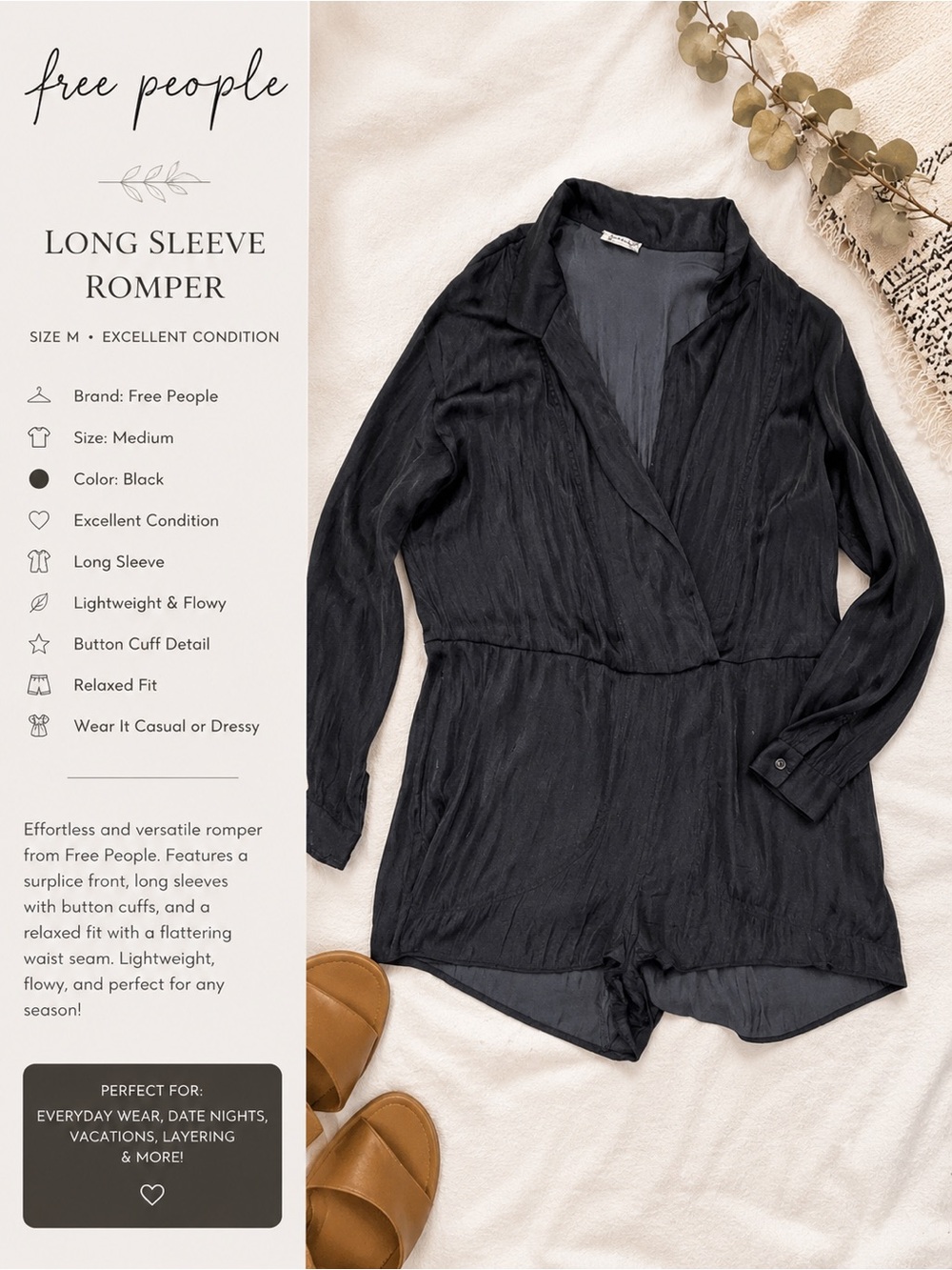 Free People Black Surplice Long Sleeve Romper
